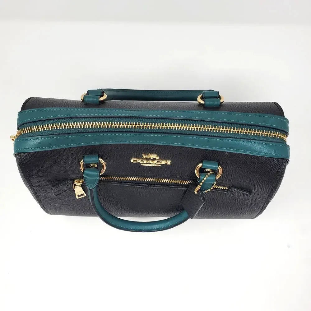 Coach Rowan Satchel Handbag Black Viridian Green Ostrich-Embossed Leather F88033